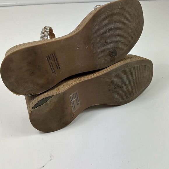 Steve Madden Danya Wedge Sandals Womens 9M Platform Slip On Silver Strap Tan - Picture 5 of 11